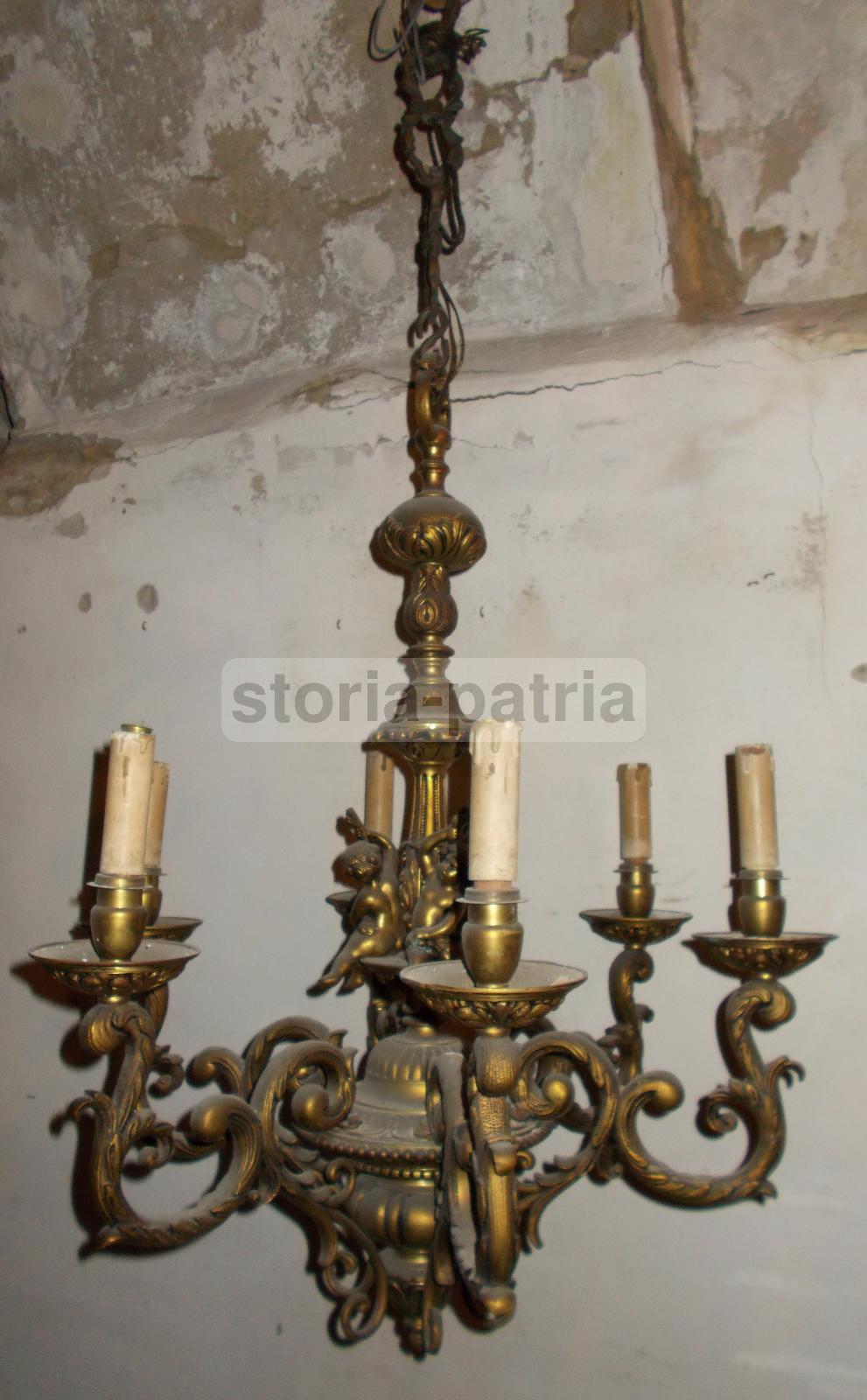 Decorativo Lampadario d'Epoca, Artistico, Ottone Massiccio, Con Puttini, Di Pregio immagine 6