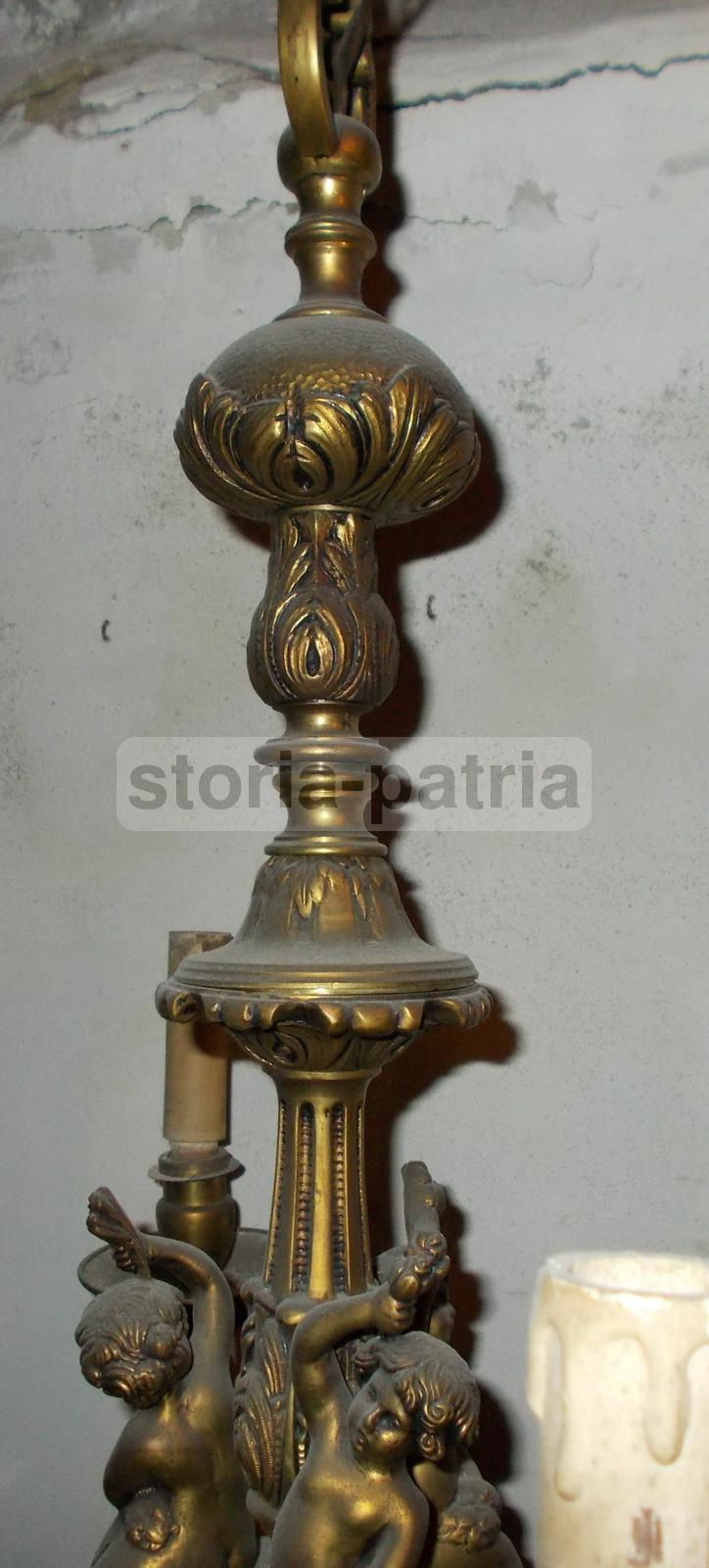 Decorativo Lampadario d'Epoca, Artistico, Ottone Massiccio, Con Puttini, Di Pregio immagine 8